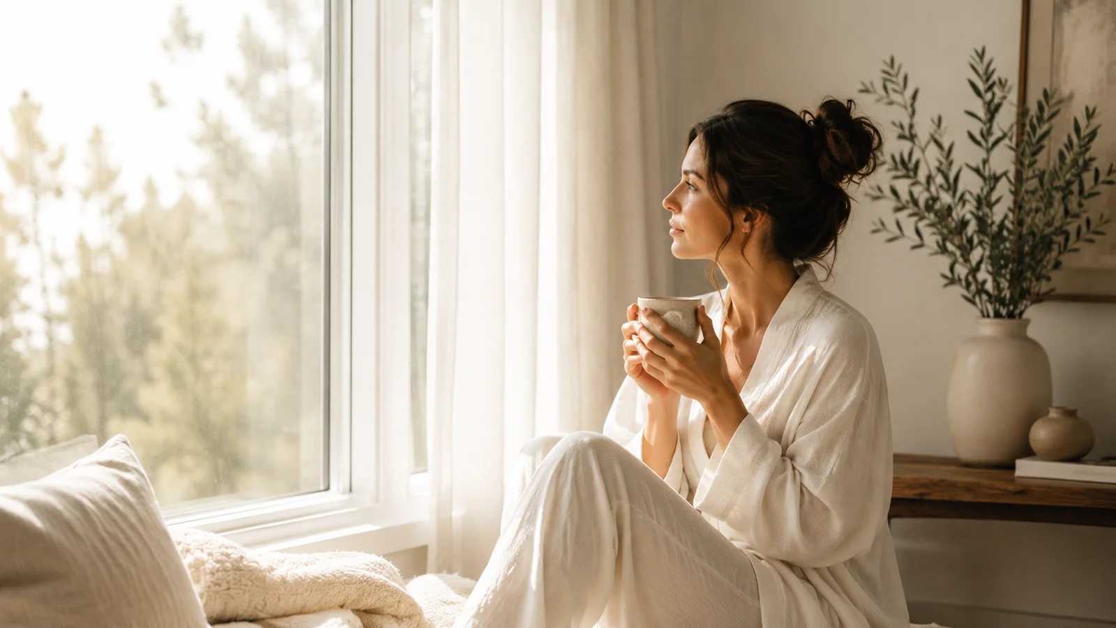 A serene brunette woman sits by a large sunlit window, holding a handcrafted ceramic mug with both hands while gazing peacefully outside. Soft morning light filters through sheer white curtains, illuminating a bright, airy room with warm beige tones, linen textures, and minimalist organic décor. The image conveys a sense of calm, mindfulness, slow living, nervous system healing, and restorative wellness.