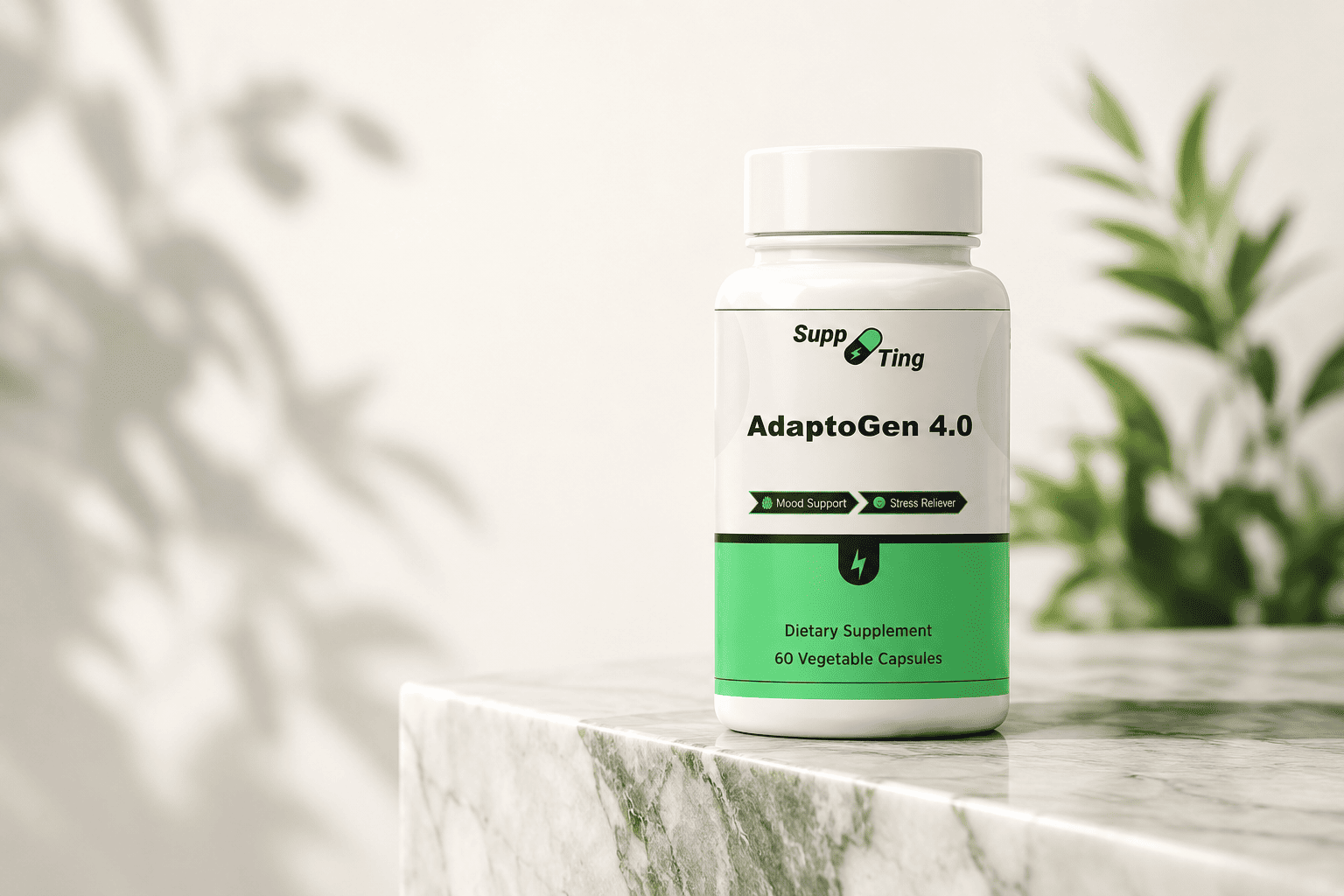 AdaptoGen 4.0 supplement bottle on a green and white marble countertop with a soft beige background, minimalist wellness product display.