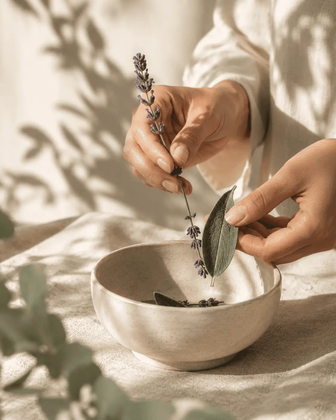 Hands holding fresh lavender and sage over a ceramic bowl with soft natural light, creating a calm, minimalist wellness scene.