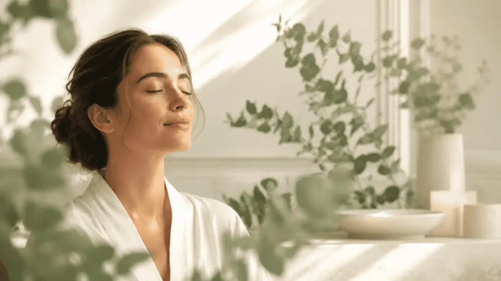 Peaceful woman with eyes closed breathing calmly among eucalyptus leaves in soft morning light, creating a luxurious wellness and relaxation scene.