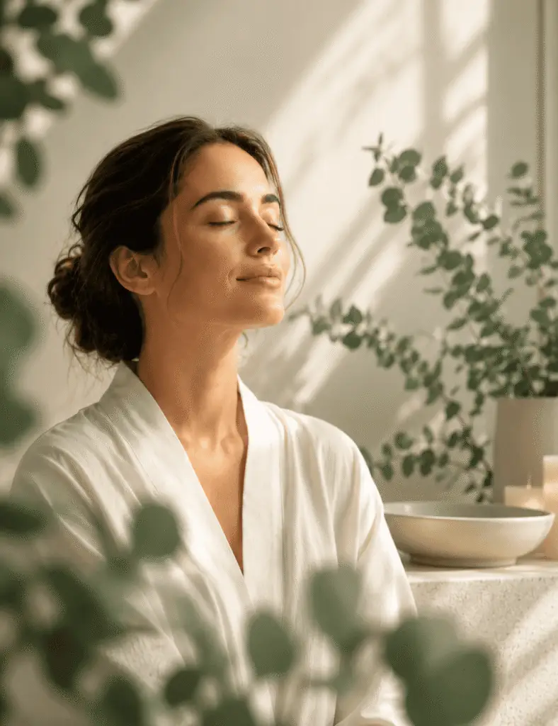 Peaceful woman with eyes closed breathing calmly among eucalyptus leaves in soft morning light, creating a luxurious wellness and relaxation scene.
